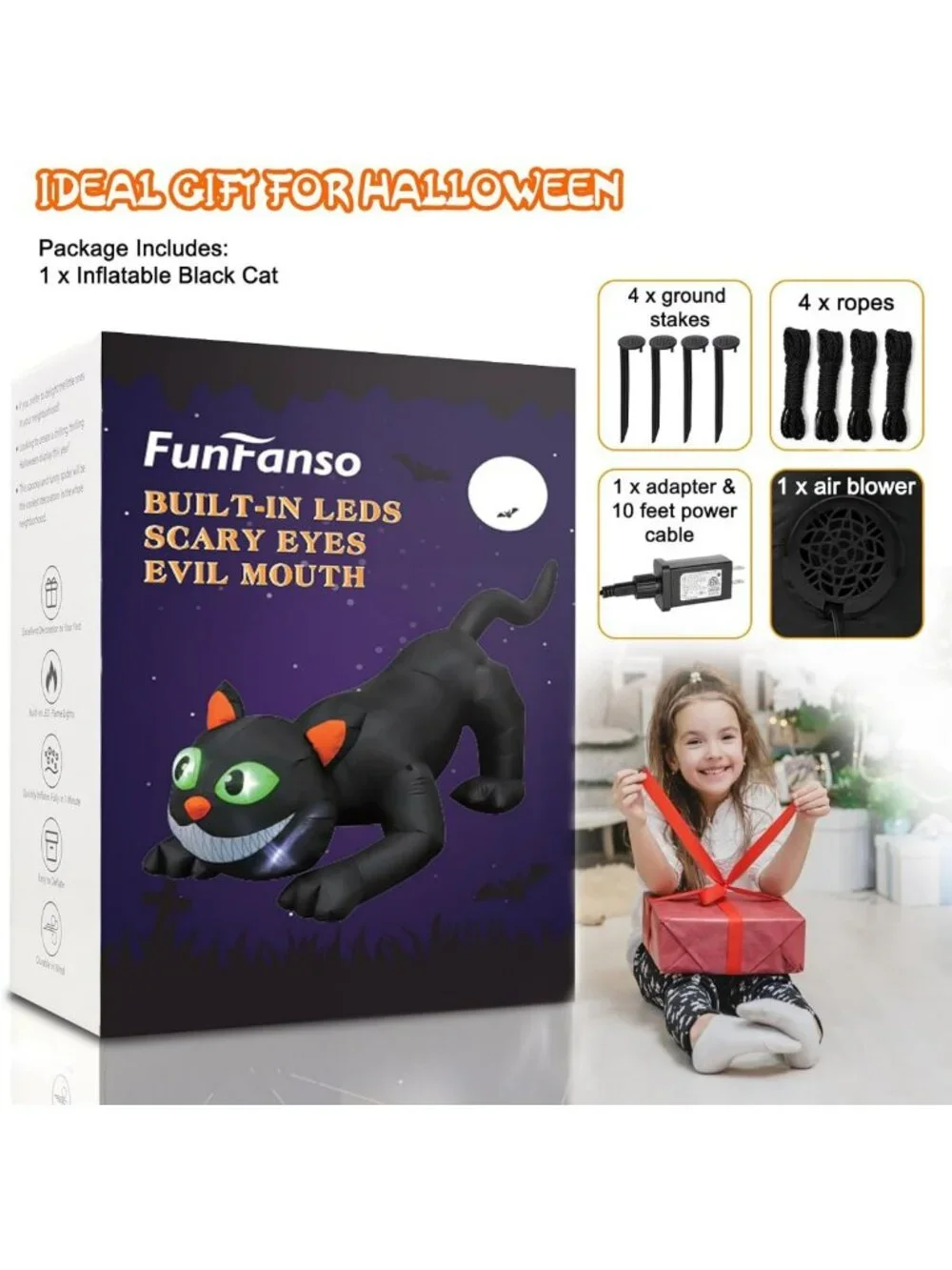 7 FT Inflatable Black Cat Halloween Yard Decor with LED Lights - Easy Setup for